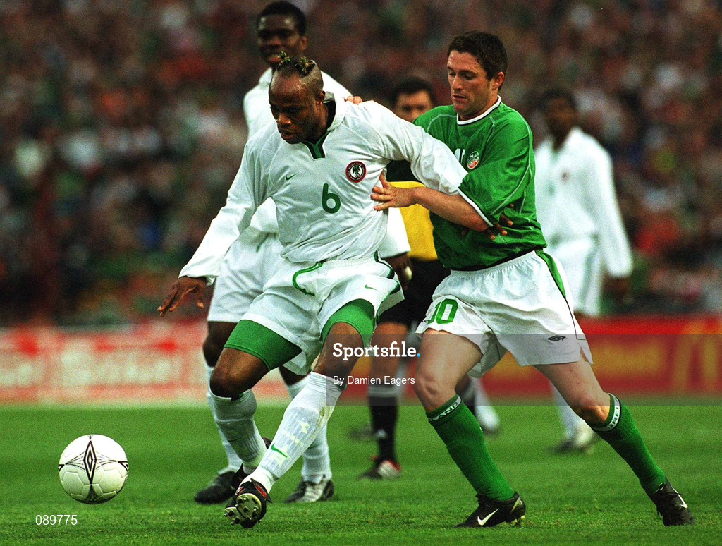 16 May 2002; Taribo West of Nigeria in action against the Republic of Ireland's Robbie Keane during the International Friendly match between Republic of Ireland and Nigeria at Lansdowne Road in Dublin. Photo by Damien Eagers/Sportsfile
