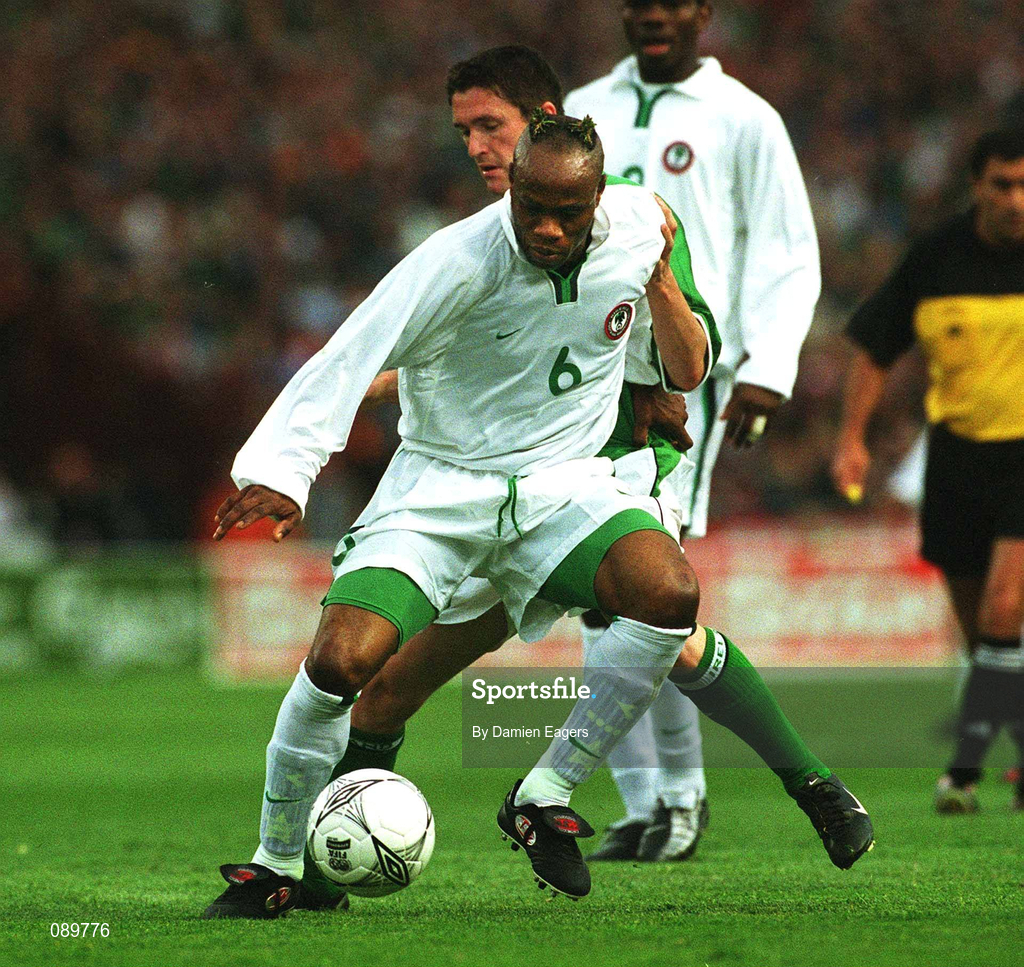 16 May 2002; Taribo West of Nigeria in action against the Republic of Ireland's Robbie Keane during the International Friendly match between Republic of Ireland and Nigeria at Lansdowne Road in Dublin. Photo by Damien Eagers/Sportsfile