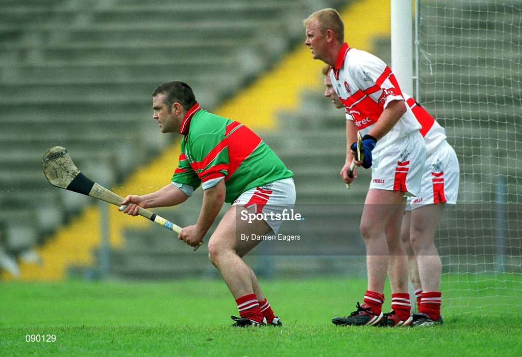 25 May 2002; Derry goal-keeper Ciaran Stevenson defends the goal with team-mate Gregory Biggs during the Guinness Ulster Senior Hurling Championship Semi-Final match between Down and Derry at Casement Park in Belfast. Photo by Damien Eagers/Sportsfile