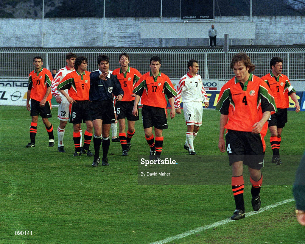 2 April 1997; Jason McAteer of Republic of Ireland, right, leaves after being sent off during the FIFA World Cup 1998 Group 8 Qualifier match between FYR Macedonia and Republic of Ireland at the City Stadium in Skopje, FYR Macedonia. Photo by David Maher/Sportsfile