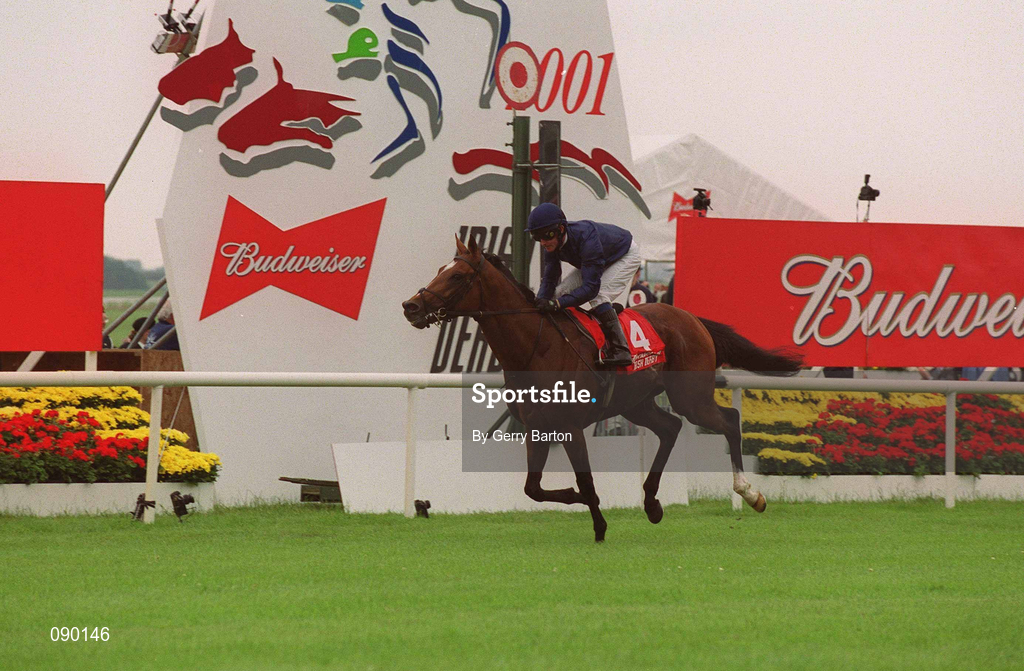 1 July 2001; Galileo, with Mick Kinane up, passes the post to win the Budweiser Irish Derby at The Curragh Racecouse in Kildare. Photo by Gerry Barton/Sportsfile