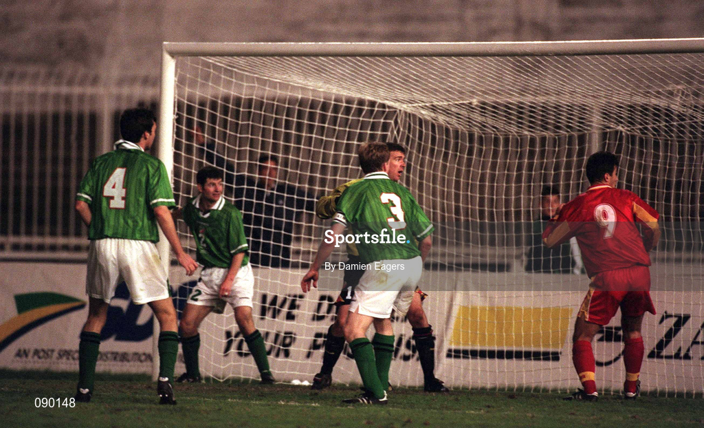 9 October 1999; Republic of Ireland players, from left, Gary Breen, Denis Irwin, goal-keeper Alan Kelly and Steve Staunton react following a late equaliser by Macedonia's Goran Stavrevski during the UEFA European Championships Qualifier match between FYR Macedonia and Republic of Ireland at the City Stadium in Skopje, Macedonia. Photo by Damien Eagers/SportsfilŽ