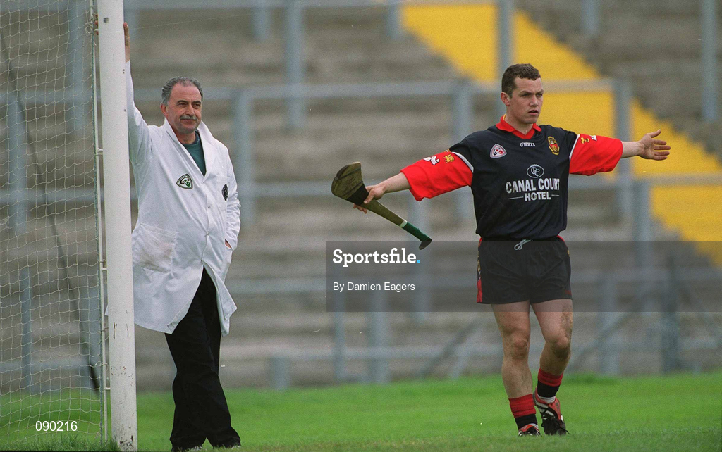 25 May 2002; Goal-keeper Graham Clarke of Down signals a wide during the Guinness Ulster Senior Hurling Championship Semi-Final match between Down and Derry at Casement Park in Belfast. Photo by Damien Eagers/Sportsfile