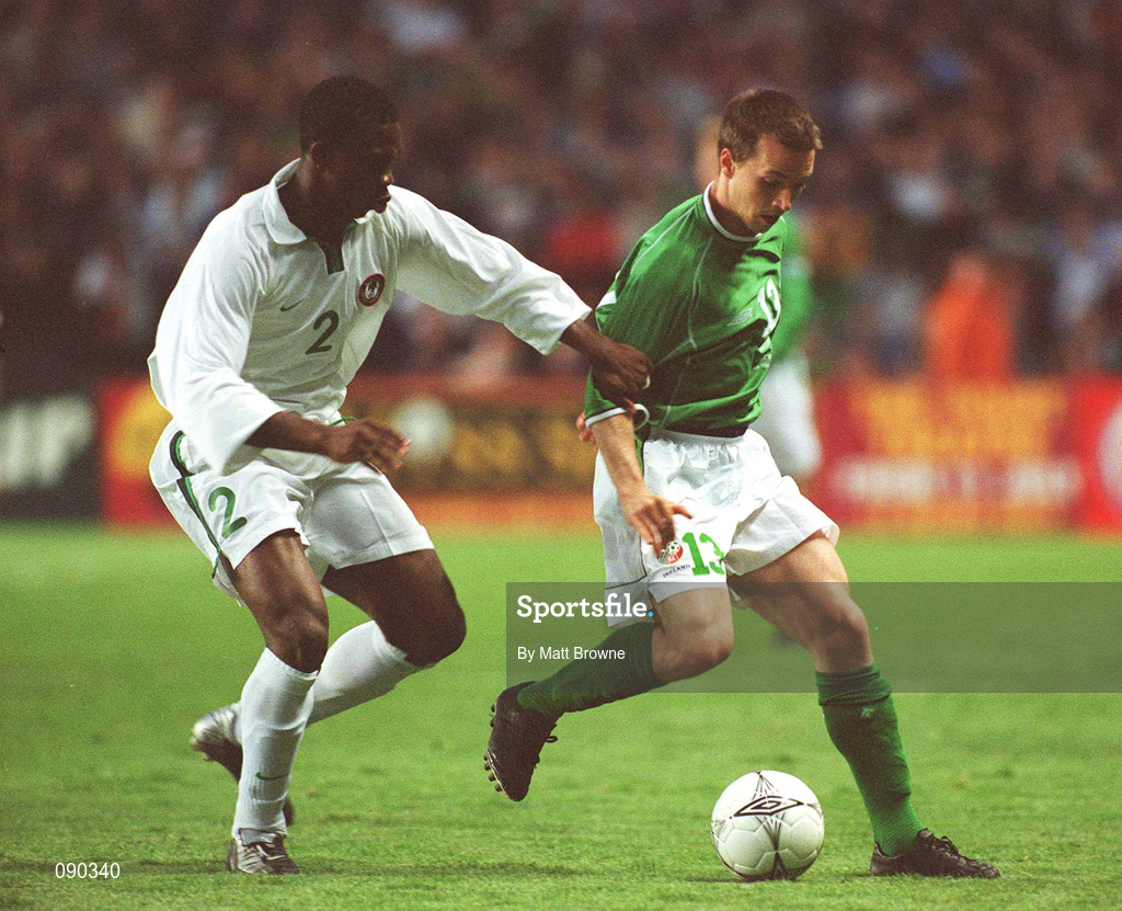16 May 2002; David Connolly of Republic of Ireland, in action against Joseph Yobo of Nigeria during the International Friendly match between Republic of Ireland and Nigeria at Lansdowne Road in Dublin. Photo by Matt Browne/Sportsfile