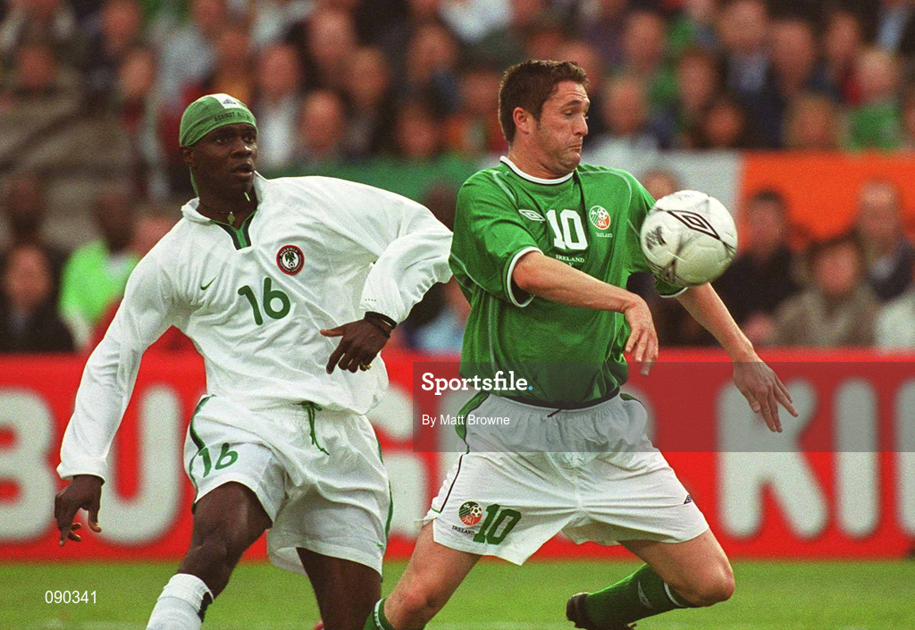 16 May 2002; Robbie Keane of Republic of Ireland in action against Efe Sodje of Nigeria during the International Friendly match between Republic of Ireland and Nigeria at Lansdowne Road in Dublin. Photo by Matt Browne/Sportsfile