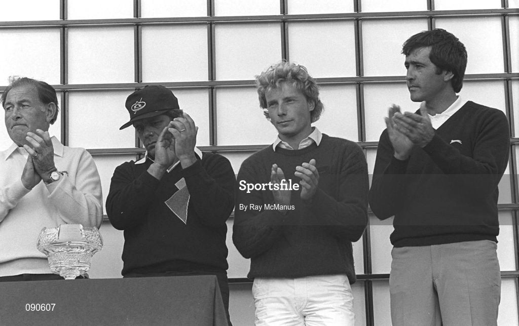 24 June 1985; Winner Seve Ballesteros of Spain, right, is pictured alongside runner-up Bernhard Langer of Germany, second from right,  during the presentations following the play-off of the Carroll's Irish Open Golf Championship at the Royal Dublin Golf Club on Bull Island, Dublin. Photo by Ray McManus/Sportsfile