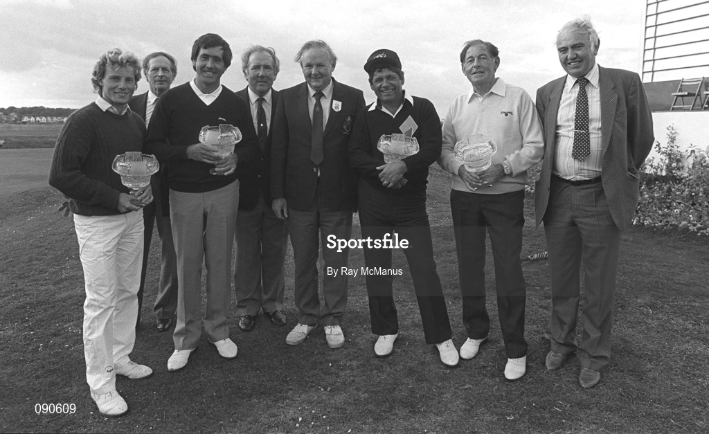 24 June 1985; Winner Seve Ballesteros of Spain, second from left, is pictured alongside runner-up Bernhard Langer of Germany, left, following the play-off of the Carroll's Irish Open Golf Championship at the Royal Dublin Golf Club on Bull Island, Dublin. Photo by Ray McManus/Sportsfile