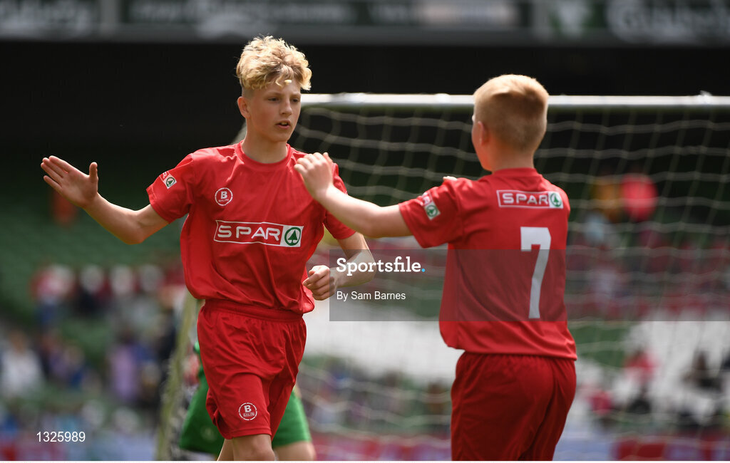 31 May 2017; Brian McEvoy of Nenagh CBS Primary, Co Tipperary, celebrates with Kian Kelly Mitchell after scoring a goal during the SPAR FAI Primary School 5s National Finals at the Aviva Stadium in Lansdowne Rd, Dublin. Photo by Sam Barnes/Sportsfile