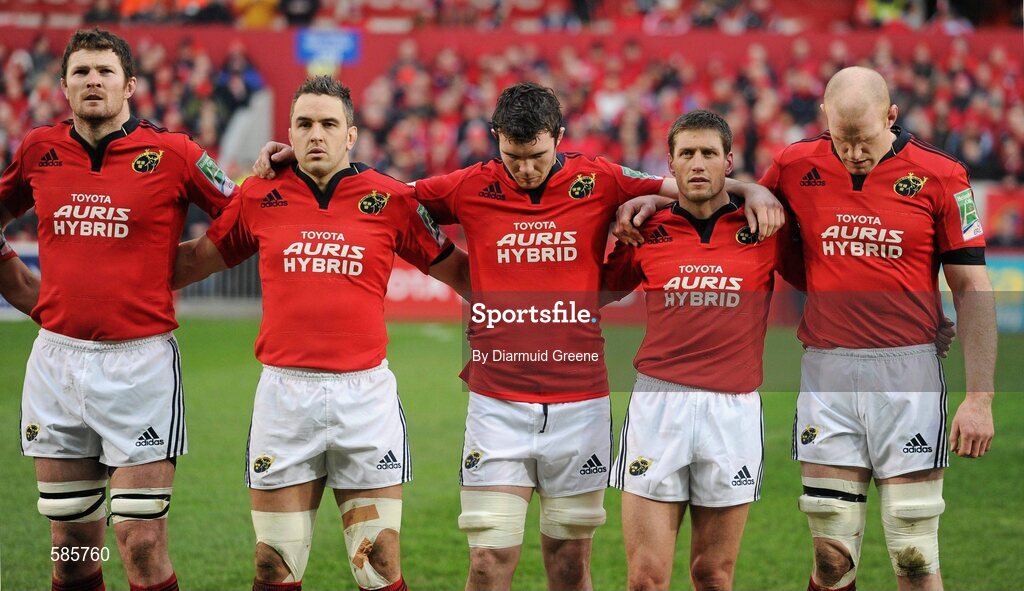 14 January 2012; Munster players, from left to right, Donncha Ryan, Niall Ronan, Peter O'Mahony, Ronan O'Gara, and Paul O'Connell stand together during a minute's silence for former Munster and Ireland player Colm Tucker. Heineken Cup, Pool 1, Round 5, Munster v Castres Olympique, Thomond Park, Limerick. Picture credit: Diarmuid Greene / SPORTSFILE