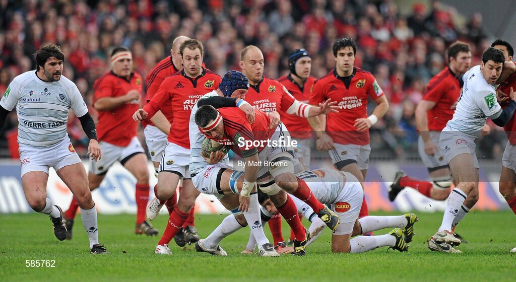 14 January 2012; James Coughlan, Munster, is tackled by Jannie Bornman, Castres Olympique. Heineken Cup, Pool 1, Round 5, Munster v Castres Olympique, Thomond Park, Limerick. Picture credit: Matt Browne / SPORTSFILE