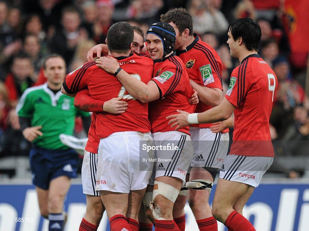 14 January 2012; Johne Murphy, Munster, is congratulated by team-mates Damien Varley, Niall Ronan, Donnacha Ryan and Conor Murray after he scored the first try against Castres Olympique. Heineken Cup, Pool 1, Round 5, Munster v Castres Olympique, Thomond Park, Limerick. Picture credit: Matt Browne / SPORTSFILE