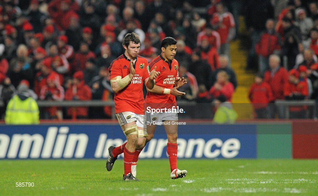 14 January 2012; Munster's Peter O'Mahony and Lifeimi Mafi applaud supporters as they leave the pitch after being substituted late in the second half. Heineken Cup, Pool 1, Round 5, Munster v Castres Olympique, Thomond Park, Limerick. Picture credit: Diarmuid Greene / SPORTSFILE
