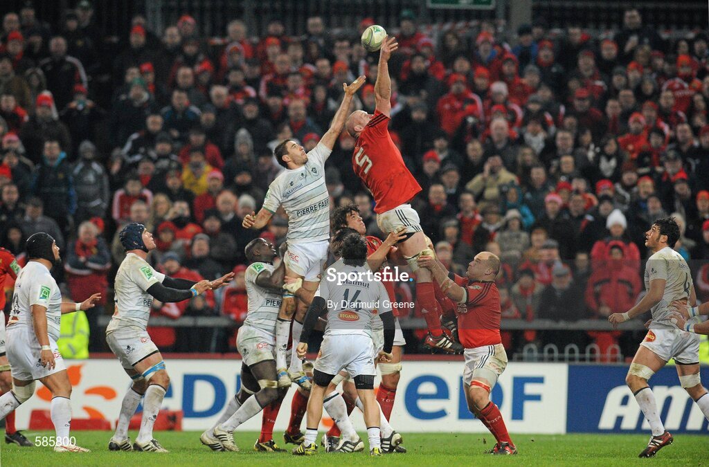 14 January 2012; Paul O'Connell, Munster, contests a line-out with Yannick Caballero, Castres Olympique. Heineken Cup, Pool 1, Round 5, Munster v Castres Olympique, Thomond Park, Limerick. Picture credit: Diarmuid Greene / SPORTSFILE