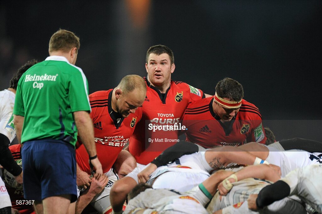 14 January 2012; Munster hooker Damien Varley, centre, with props BJ Botha, left, Wian du Preez, right, and referee Andrew Small during the game against Castres Olympique. Heineken Cup, Pool 1, Round 5, Munster v Castres Olympique, Thomond Park, Limerick. Picture credit: Matt Browne / SPORTSFILE