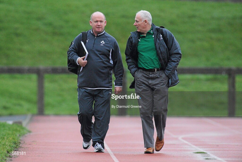 24 January 2012; Ireland head coach Declan Kidney, left, and team manager Michael Kearney arrive for squad training ahead of their RBS Six Nations Rugby Championship game against Wales on February 5th. Ireland Rugby Squad Training, University of Limerick, Limerick. Picture credit: Diarmuid Greene / SPORTSFILE