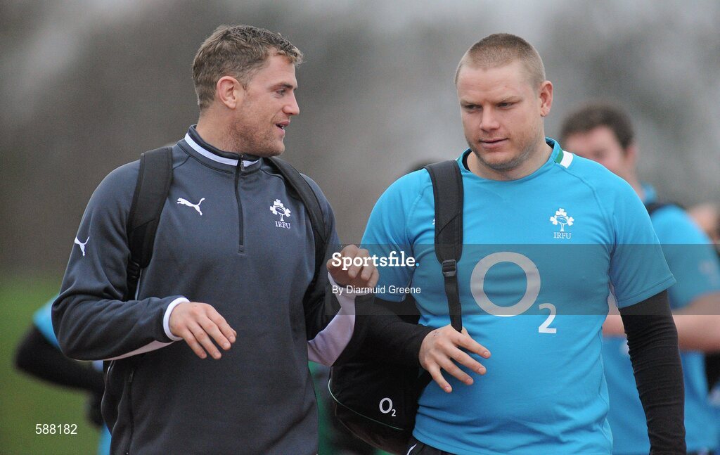 24 January 2012; Ireland's Jamie Heaslip, left, in conversation with Tom Court as they arrive for squad training ahead of their RBS Six Nations Rugby Championship game against Wales on February 5th. Ireland Rugby Squad Training, University of Limerick, Limerick. Picture credit: Diarmuid Greene / SPORTSFILE