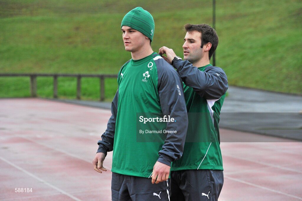 24 January 2012; Ireland's Jonathan Sexton has his GPS tracker fitted by Bryan Cullen during squad training ahead of their RBS Six Nations Rugby Championship game against Wales on February 5th. Ireland Rugby Squad Training, University of Limerick, Limerick. Picture credit: Diarmuid Greene / SPORTSFILE