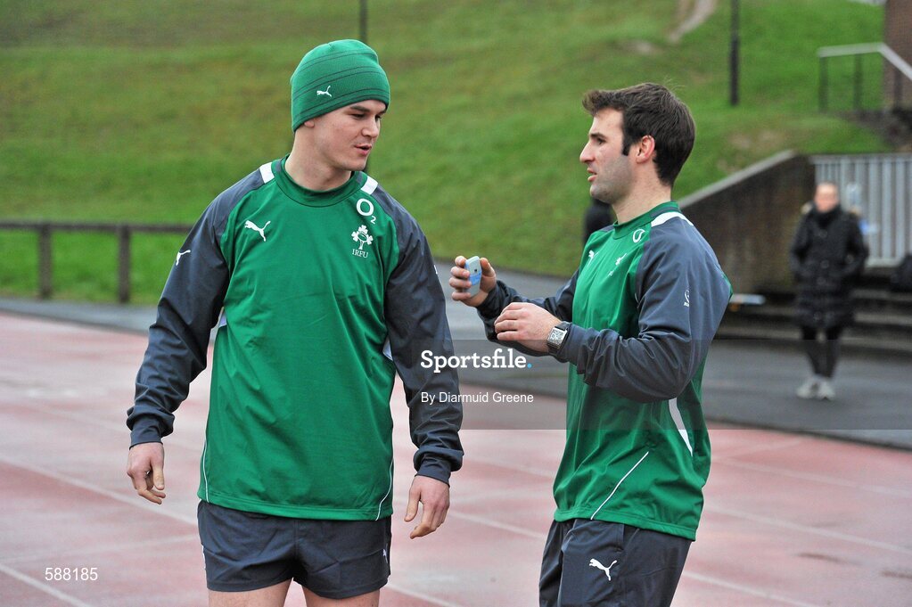 24 January 2012; Ireland's Jonathan Sexton in conversation with Bryan Cullen during squad training ahead of their RBS Six Nations Rugby Championship game against Wales on February 5th. Ireland Rugby Squad Training, University of Limerick, Limerick. Picture credit: Diarmuid Greene / SPORTSFILE