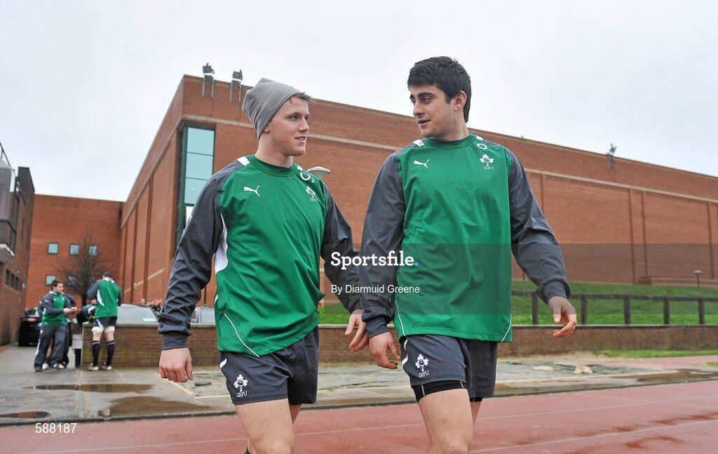 24 January 2012; Ireland's Craig Gilroy, left, and Tiernan O'Halloran in conversation before squad training ahead of their RBS Six Nations Rugby Championship game against Wales on February 5th. Ireland Rugby Squad Training, University of Limerick, Limerick. Picture credit: Diarmuid Greene / SPORTSFILE