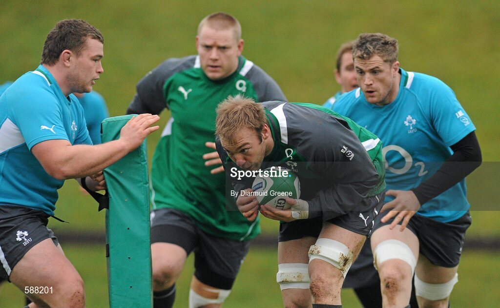 24 January 2012; Ireland's Stephen Ferris, supported by Jamie Heaslip, right, and Tom Court, in action against Jack McGrath during squad training ahead of their RBS Six Nations Rugby Championship game against Wales on February 5th. Ireland Rugby Squad Training, University of Limerick, Limerick. Picture credit: Diarmuid Greene / SPORTSFILE
