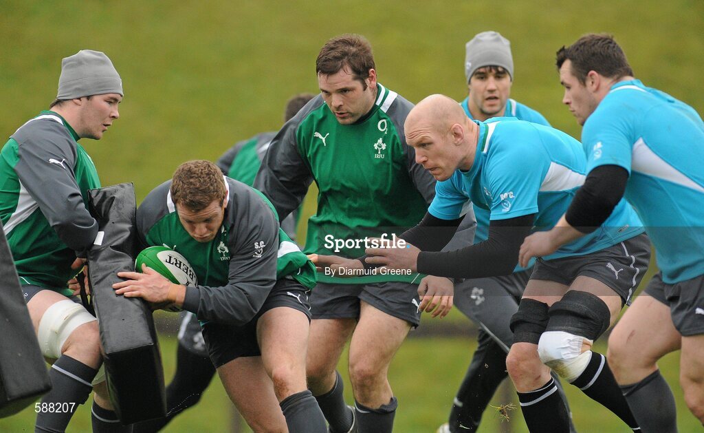 24 January 2012; Ireland's Sean Cronin, supported by Mike Ross, Paul O'Connell, Conor Murray and Cian Healy in action against Peter O'Mahony during squad training ahead of their RBS Six Nations Rugby Championship game against Wales on February 5th. Ireland Rugby Squad Training, University of Limerick, Limerick. Picture credit: Diarmuid Greene / SPORTSFILE