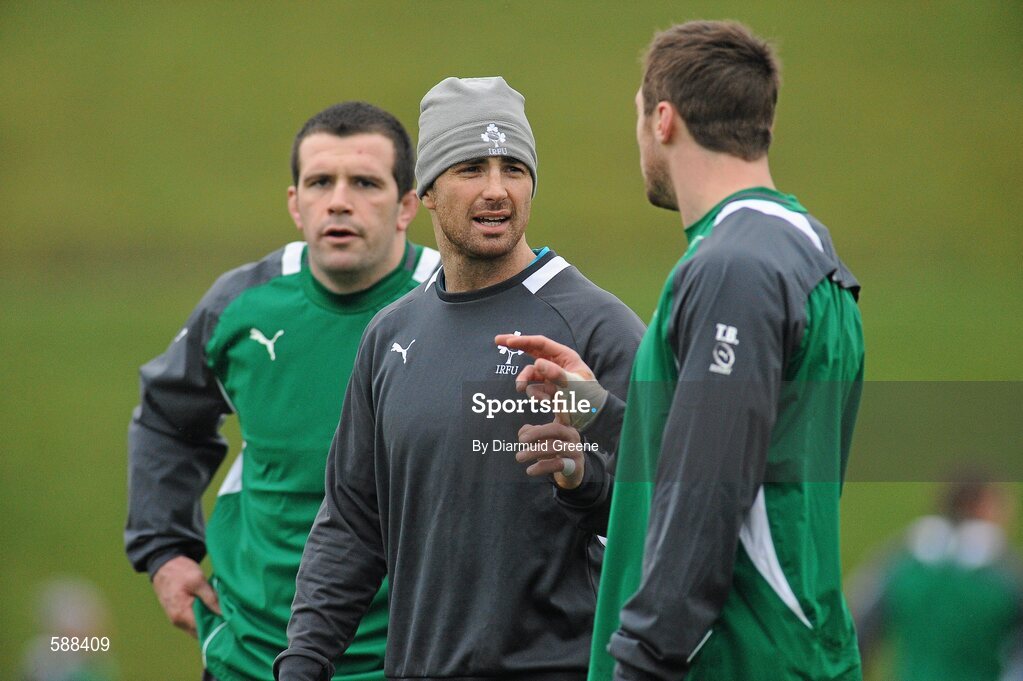 24 January 2012; Ireland's Rob Kearney in conversation with Tommy Bowe, right, during squad training ahead of their RBS Six Nations Rugby Championship game against Wales on February 5th. Ireland Rugby Squad Training, University of Limerick, Limerick. Picture credit: Diarmuid Greene / SPORTSFILE