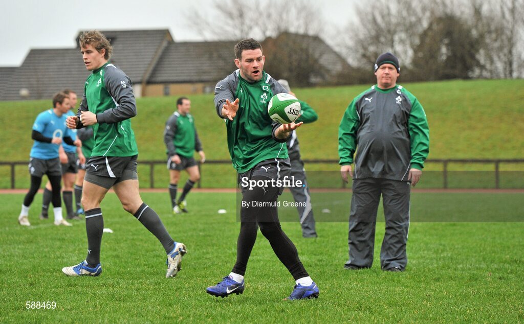24 January 2012; Ireland's Fergus McFadden, watched by head coach Declan Kidney, in action during squad training ahead of their RBS Six Nations Rugby Championship game against Wales on February 5th. Ireland Rugby Squad Training, University of Limerick, Limerick. Picture credit: Diarmuid Greene / SPORTSFILE