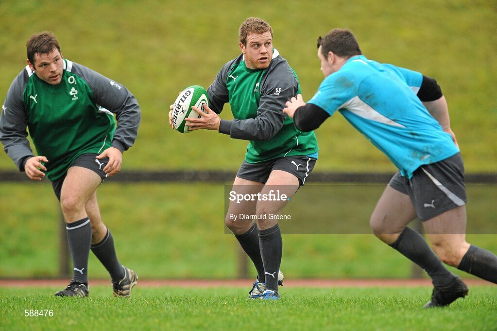 24 January 2012; Ireland's Sean Cronin, supported by Mike Ross, left, and Cian Healy, right, during squad training ahead of their RBS Six Nations Rugby Championship game against Wales on February 5th. Ireland Rugby Squad Training, University of Limerick, Limerick. Picture credit: Diarmuid Greene / SPORTSFILE