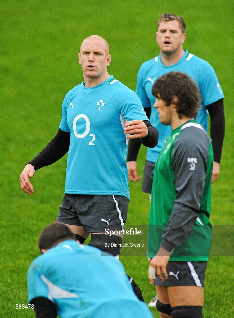 24 January 2012; Ireland captain Paul O'Connell, alongside team-mates Jamie Heaslip and Donncha O'Callaghan, during squad training ahead of their RBS Six Nations Rugby Championship game against Wales on February 5th. Ireland Rugby Squad Training, University of Limerick, Limerick. Picture credit: Diarmuid Greene / SPORTSFILE