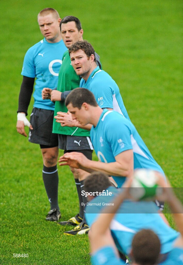 24 January 2012; Ireland players, from top to bottom, Tom Court, James Coughlan, Donnacha Ryan and Ian Nagle await a line-out throw from Sean Cronin during squad training ahead of their RBS Six Nations Rugby Championship game against Wales on February 5th. Ireland Rugby Squad Training, University of Limerick, Limerick. Picture credit: Diarmuid Greene / SPORTSFILE