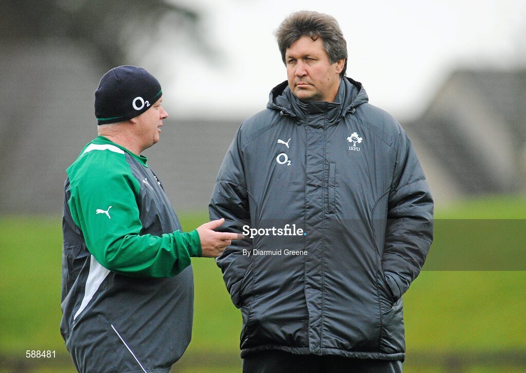 24 January 2012; Ireland head coach Declan Kidney in conversation with forwards coach Gert Smal during squad training ahead of their RBS Six Nations Rugby Championship game against Wales on February 5th. Ireland Rugby Squad Training, University of Limerick, Limerick. Picture credit: Diarmuid Greene / SPORTSFILE