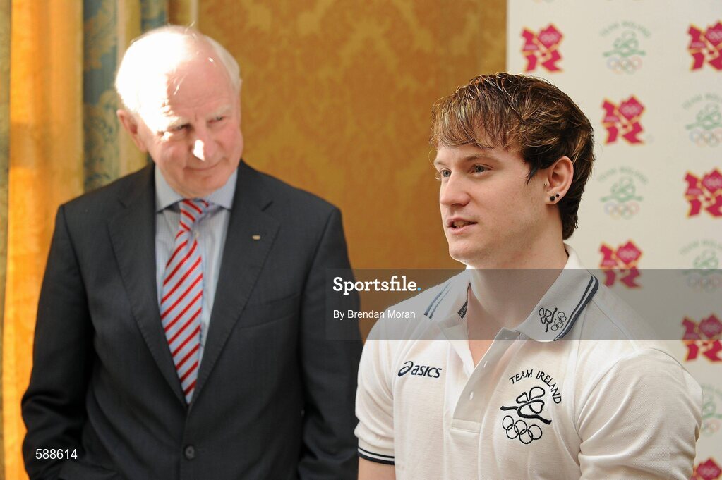 25 January 2012; Ireland's latest Olympic team member, gymnast Kieran Behan, who was presented with a cheque for €20,000 by Patrick Hickey, President, Olympic Council of Ireland, to assist in his preparations for the London Olympic Games later this year. The 22 year old, who was told he would never walk again after a childhood illness, has overcome enormous obstacles to be the first Irish gymnast to qualify for the games since 1996. Shelbourne Hotel, Dublin. Picture credit: Brendan Moran / SPORTSFILE