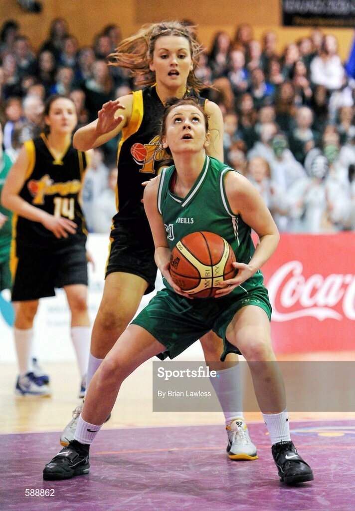 26 January 2012; Niamh Corcoran, St. Angela's College, in action against Karen Ní Mhaonaigh, Colaiste Iosagain. All-Ireland Schools Cup U19A Girls Final, St. Angela's College, Cork v Colaiste Iosagain, Dublin, National Basketball Arena, Tallaght, Dublin. Picture credit: Brian Lawless / SPORTSFILE
