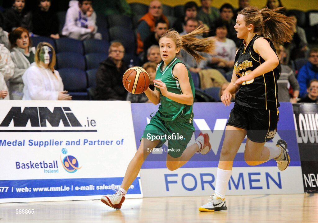 26 January 2012; Kelly Diggin, St. Angela's College, in action against Karen Ni Mhaonaigh, Colaiste Iosagain. All-Ireland Schools Cup U19A Girls Final, St. Angela's College, Cork v Colaiste Iosagain, Dublin, National Basketball Arena, Tallaght, Dublin. Picture credit: Brian Lawless / SPORTSFILE