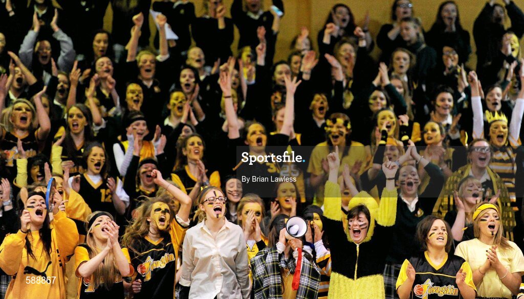 26 January 2012; Colaiste Iosagain supporters celebrate a score. All-Ireland Schools Cup U19A Girls Final, St. Angela's College, Cork v Colaiste Iosagain, Dublin, National Basketball Arena, Tallaght, Dublin. Picture credit: Brian Lawless / SPORTSFILE