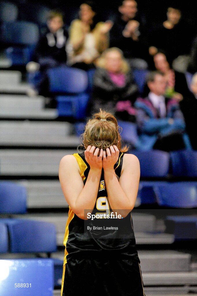 26 January 2012; Karen Ni Mhaonaigh, Colaiste Iosagain, shows her disappointment after the match. All-Ireland Schools Cup U19A Girls Final, St. Angela's College, Cork v Colaiste Iosagain, Dublin, National Basketball Arena, Tallaght, Dublin. Picture credit: Brian Lawless / SPORTSFILE