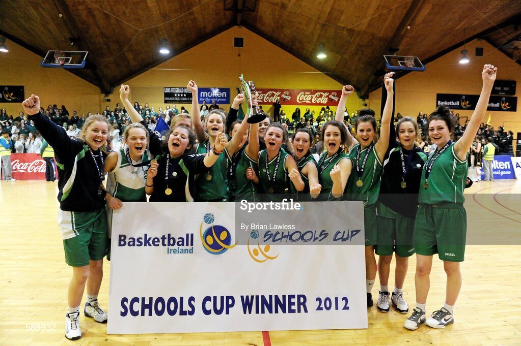 26 January 2012; The St. Angela's College team celebrate with the cup. All-Ireland Schools Cup U19A Girls Final, St. Angela's College, Cork v Colaiste Iosagain, Dublin, National Basketball Arena, Tallaght, Dublin. Picture credit: Brian Lawless / SPORTSFILE
