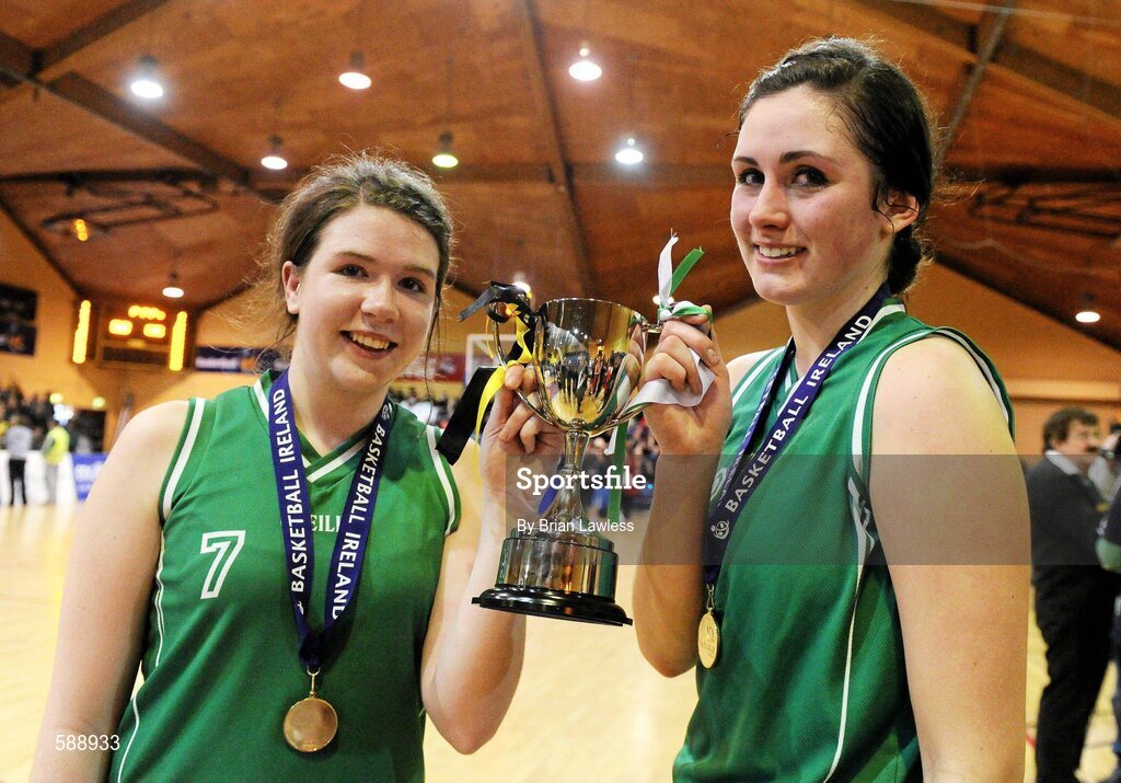 26 January 2012; St. Angela's College captains Deirdre Green, left, and Kate McAuliffe celebrate with the cup. All-Ireland Schools Cup U19A Girls Final, St. Angela's College, Cork v Colaiste Iosagain, Dublin, National Basketball Arena, Tallaght, Dublin. Picture credit: Brian Lawless / SPORTSFILE