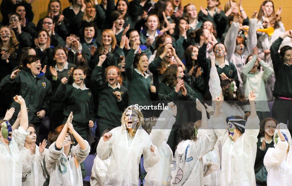 26 January 2012; St. Angela's College supporters celebrate a score. All-Ireland Schools Cup U19A Girls Final, St. Angela's College, Cork v Colaiste Iosagain, Dublin, National Basketball Arena, Tallaght, Dublin. Picture credit: Brian Lawless / SPORTSFILE