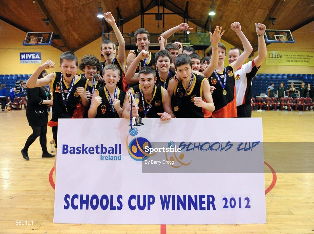 27 January 2012; The Christian Brothers College team celebatre after the game. All-Ireland Schools Cup U16B Boys Final, Christian Brothers College, Cork v St. Clement's, Limerick, National Basketball Arena, Tallaght, Dublin. Picture credit: Barry Cregg / SPORTSFILE