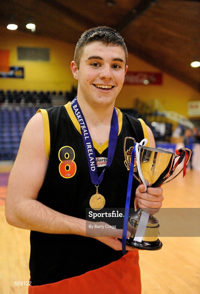 27 January 2012; Christian Brothers College captain Dylan Lenihan with the cup after the game. All-Ireland Schools Cup U16B Boys Final, Christian Brothers College, Cork v St. Clement's, Limerick, National Basketball Arena, Tallaght, Dublin. Picture credit: Barry Cregg / SPORTSFILE