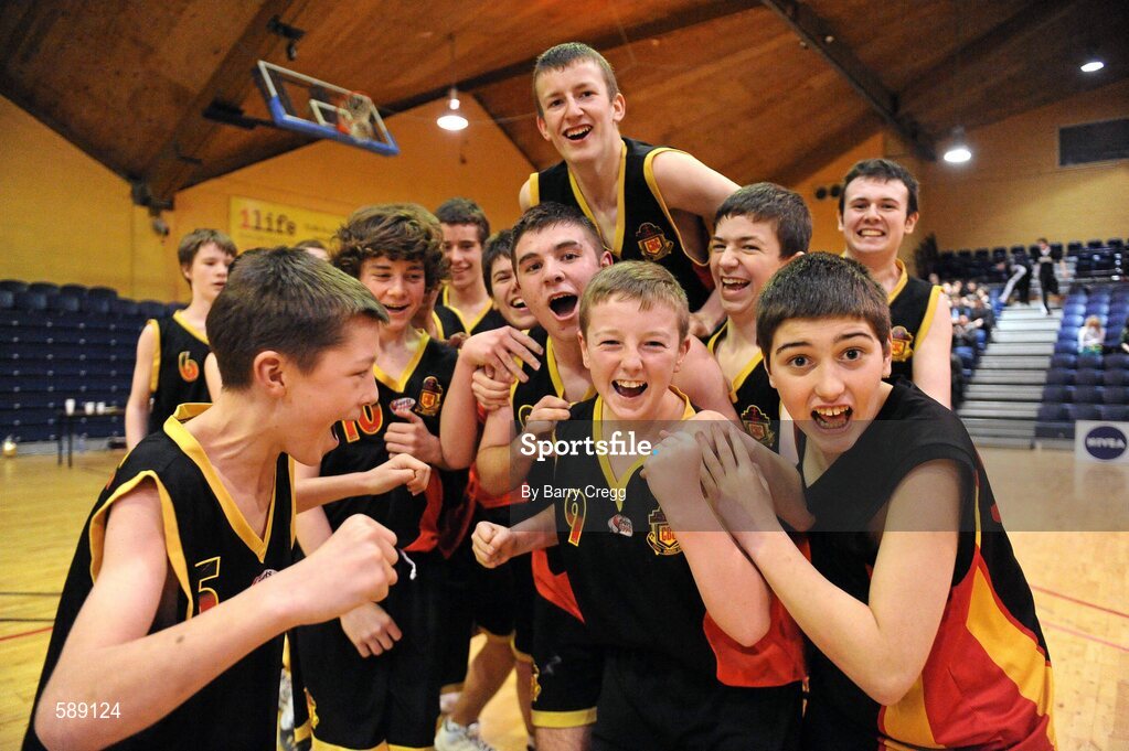 27 January 2012; Christian Brothers College players celebrate after the game. All-Ireland Schools Cup U16B Boys Final, Christian Brothers College, Cork v St. Clement's, Limerick, National Basketball Arena, Tallaght, Dublin. Picture credit: Barry Cregg / SPORTSFILE