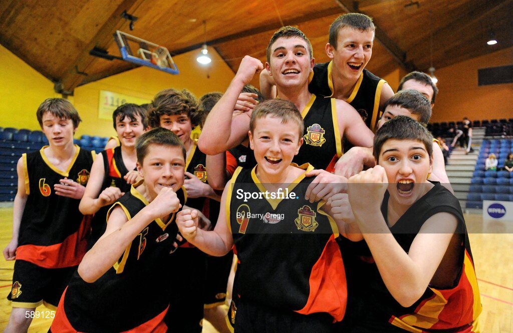 27 January 2012; Christian Brothers College players celebrate after the game. All-Ireland Schools Cup U16B Boys Final, Christian Brothers College, Cork v St. Clement's, Limerick, National Basketball Arena, Tallaght, Dublin. Picture credit: Barry Cregg / SPORTSFILE