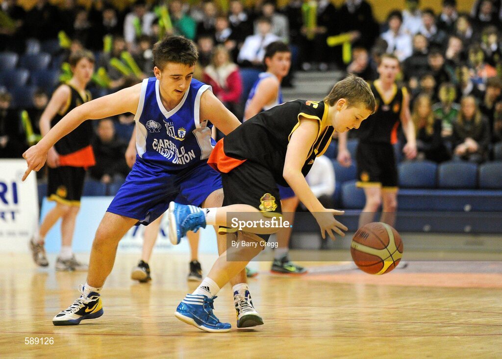 27 January 2012; Ross Murphy, Christian Brothers College, in action against Jamie Marshall, St. Clement's. All-Ireland Schools Cup U16B Boys Final, Christian Brothers College, Cork v St. Clement's, Limerick, National Basketball Arena, Tallaght, Dublin. Picture credit: Barry Cregg / SPORTSFILE