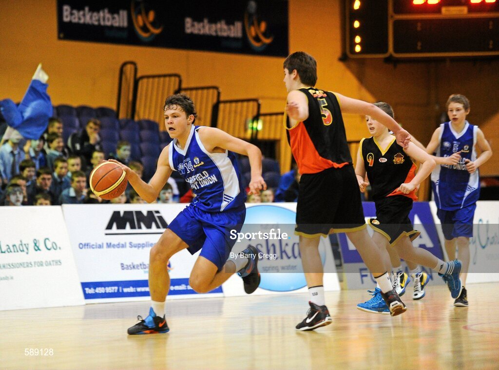27 January 2012; Kristian Burchardt, St. Clement's, Limerick, in action against Eoin Barrett, Christian Brothers College, Cork. All-Ireland Schools Cup U16B Boys Final, Christian Brothers College, Cork v St. Clement's, Limerick, National Basketball Arena, Tallaght, Dublin. Picture credit: Barry Cregg / SPORTSFILE
