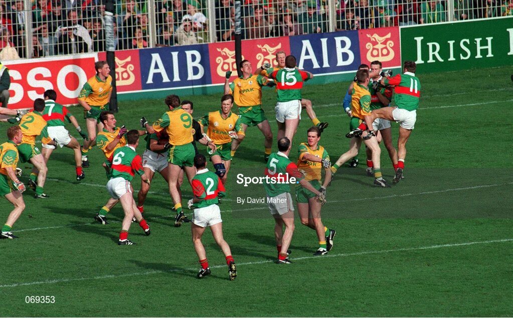 29 September 1996; An altercation ensues between Meath and Mayo players early in the game which resulted in Meath's Colm Coyle and Mayo's Liam McHale being sent off by referee Pat McEnaney. All-Ireland Football Final Replay, Meath v Mayo, Croke Park, Dublin. Picture credit: David Maher / SPORTSFILE