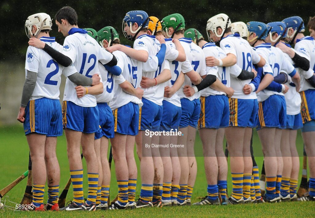 25 January 2012; Thurles CBS players stand together during a minute silence before the game. Dr Harty Cup, Quarter-Final Replay, Nenagh CBS v Thurles CBS, The Ragg GAA Grounds, Thurles, Co. Tipperary. Picture credit: Diarmuid Greene / SPORTSFILE