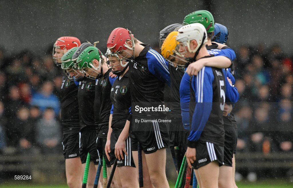 25 January 2012; Nenagh CBS players stand together during a minute silence before the game. Dr Harty Cup, Quarter-Final Replay, Nenagh CBS v Thurles CBS, The Ragg GAA Grounds, Thurles, Co. Tipperary. Picture credit: Diarmuid Greene / SPORTSFILE
