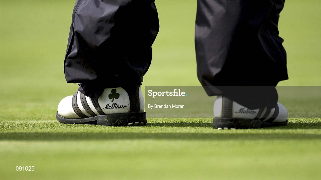 26 April 2002; Ireland's Paul McGinley's golf shoes with his name and shamrock emblem during day two of the Smurfit Irish PGA Championship at Westport Golf Club in Westport, Mayo. Photo by Brendan Moran/Sportsfile