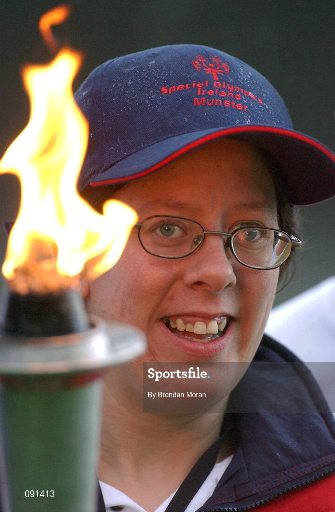 19 June 2002; Munster athlete Karina Houlihan holding the torch with which she lit the Olympic flame during the 2002 Special Olympics Ireland National Games Opening Ceremony at Parnell Park in Dublin. Photo by Brendan Moran/Sportsfile